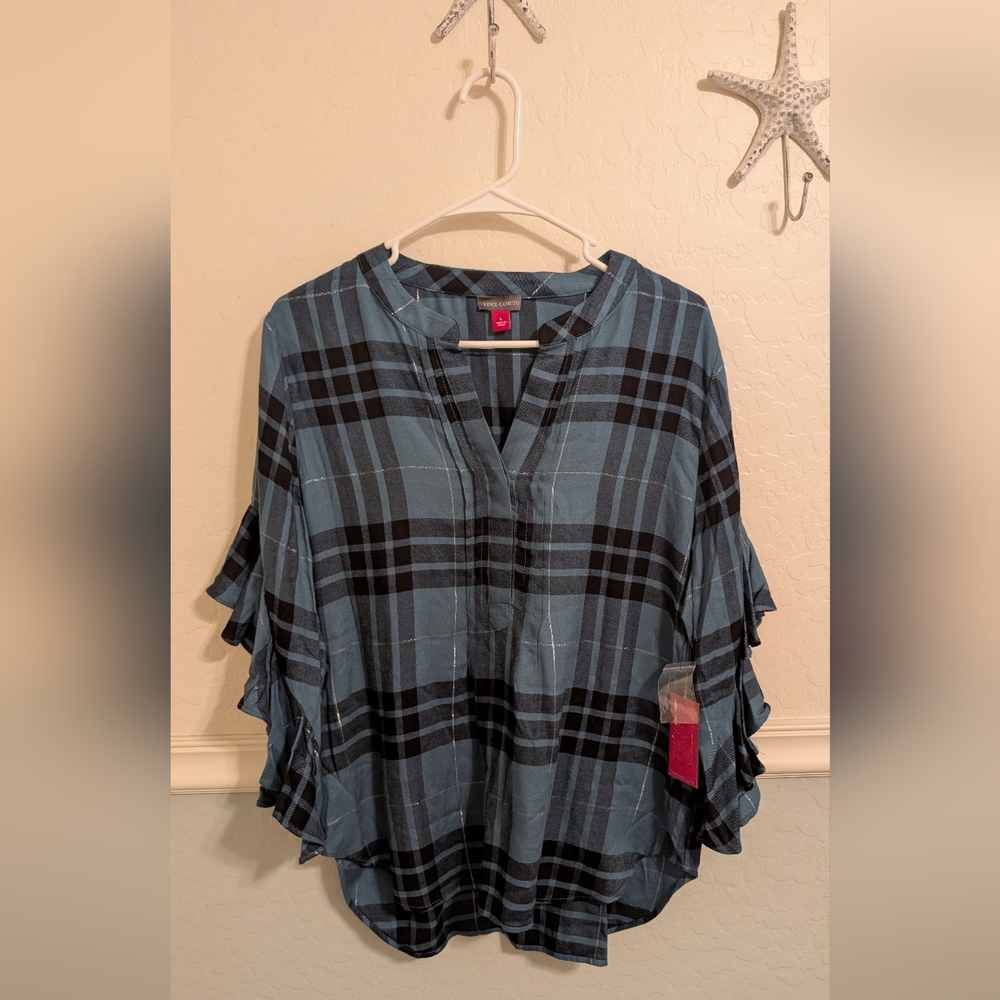Vince Camuto Blue and Black Plaid Ruffle Blouse
